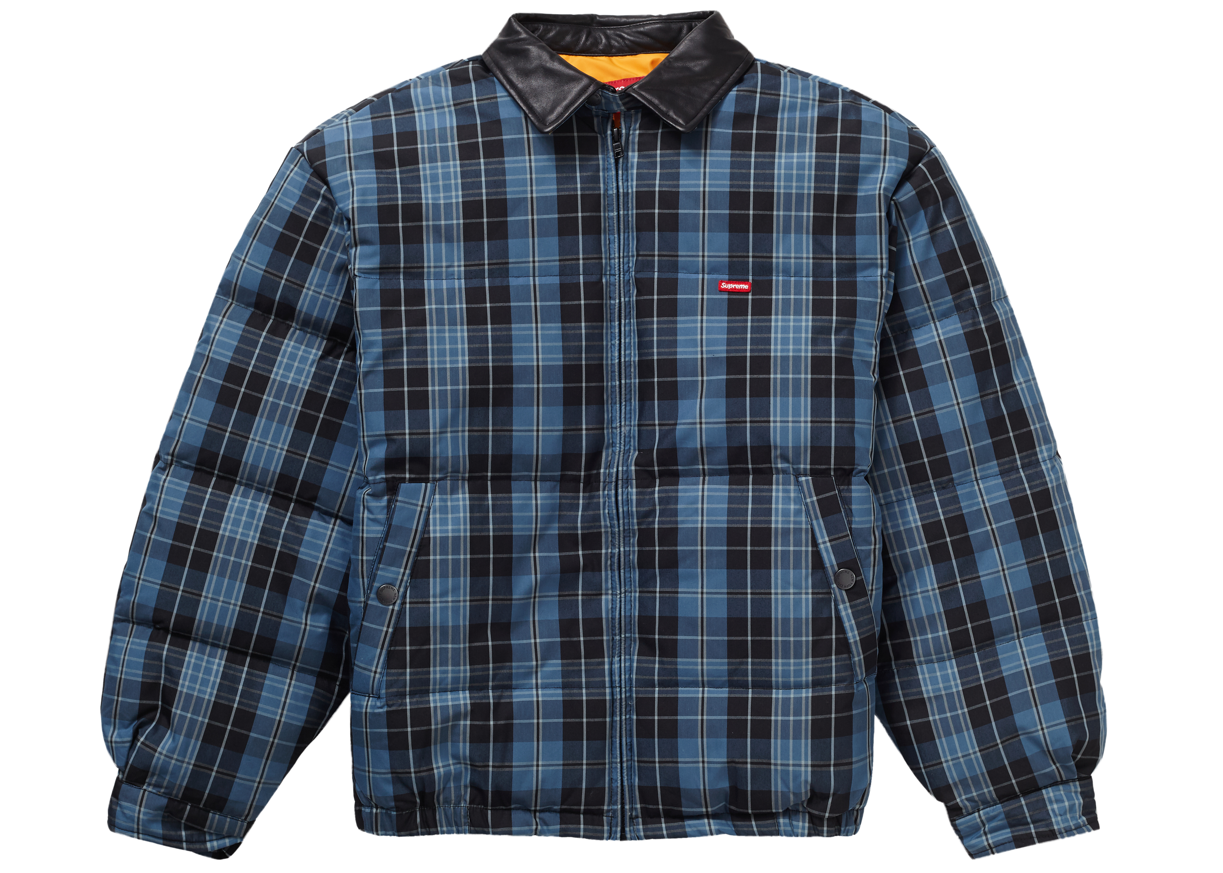 Supreme Leather Collar Puffy Jacket Blue Plaid Men's - FW19 - US