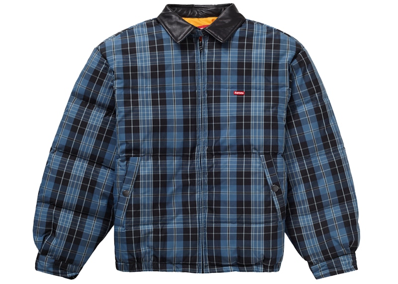 Supreme Leather Collar Puffy Jacket Blue Plaid Men's - FW19 - GB