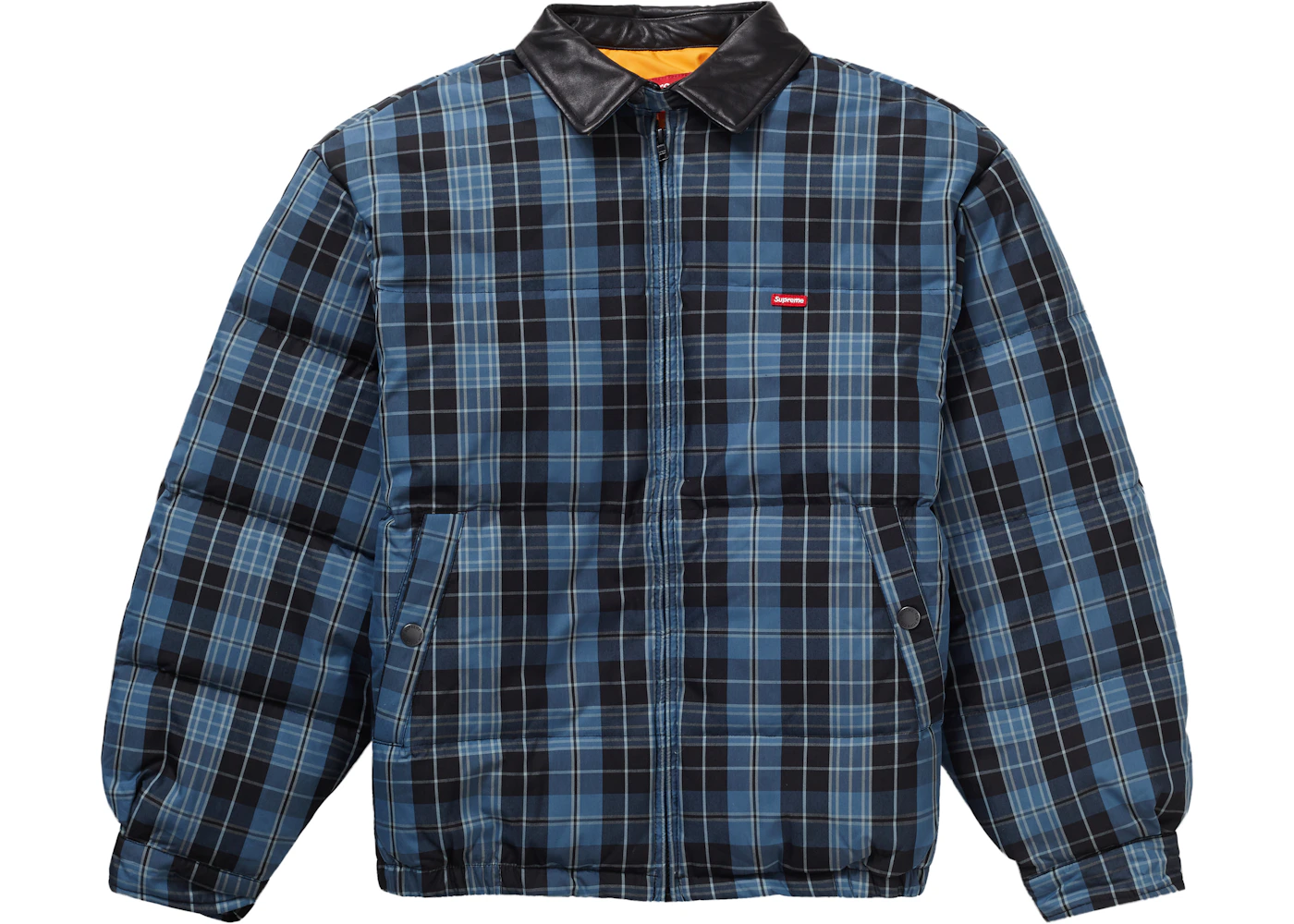 Supreme Leather Collar Puffy Jacket Blue Plaid Men's FW19 US