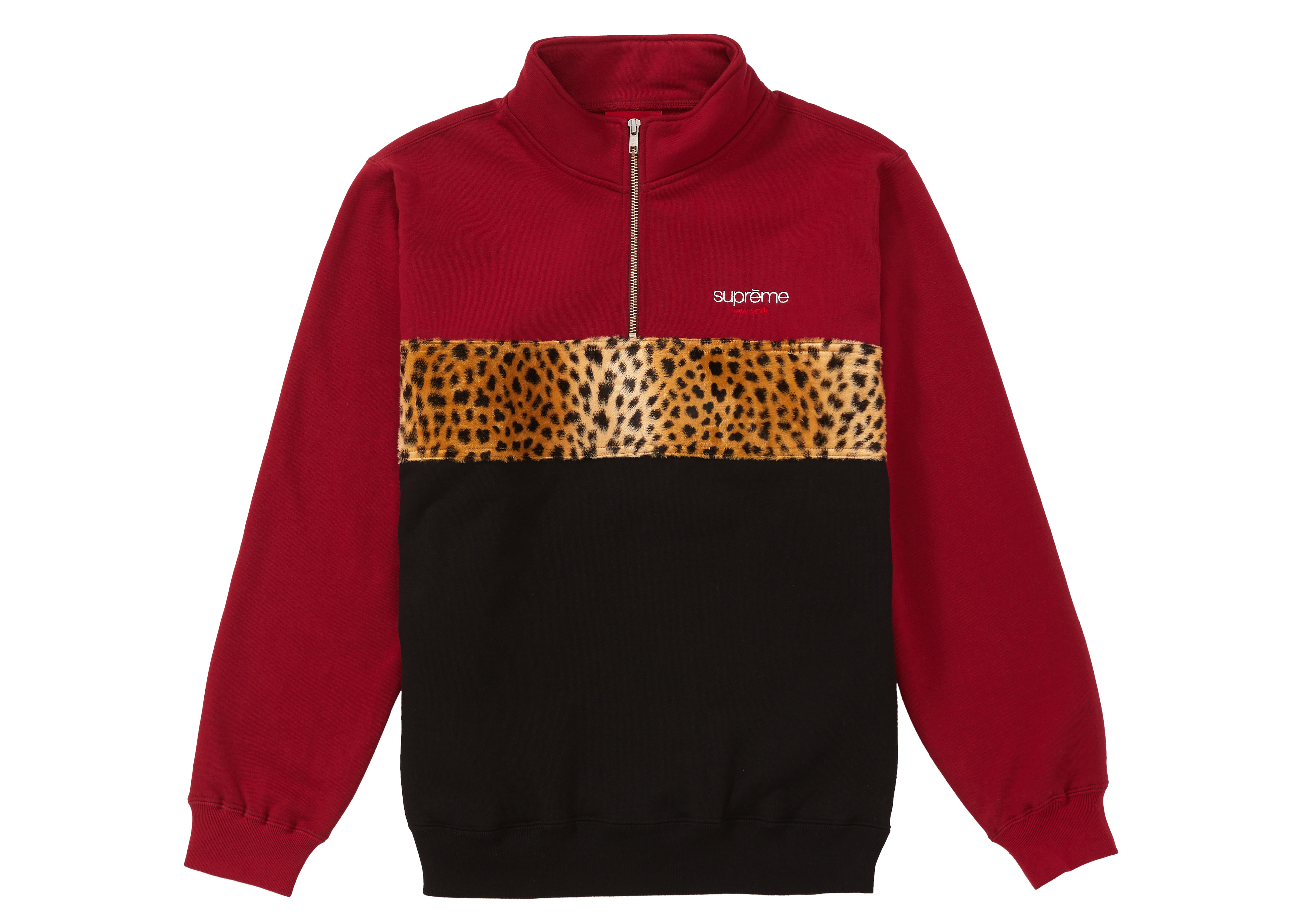 Supreme Leopard Panel Half Zip Sweatshirt Cardinal