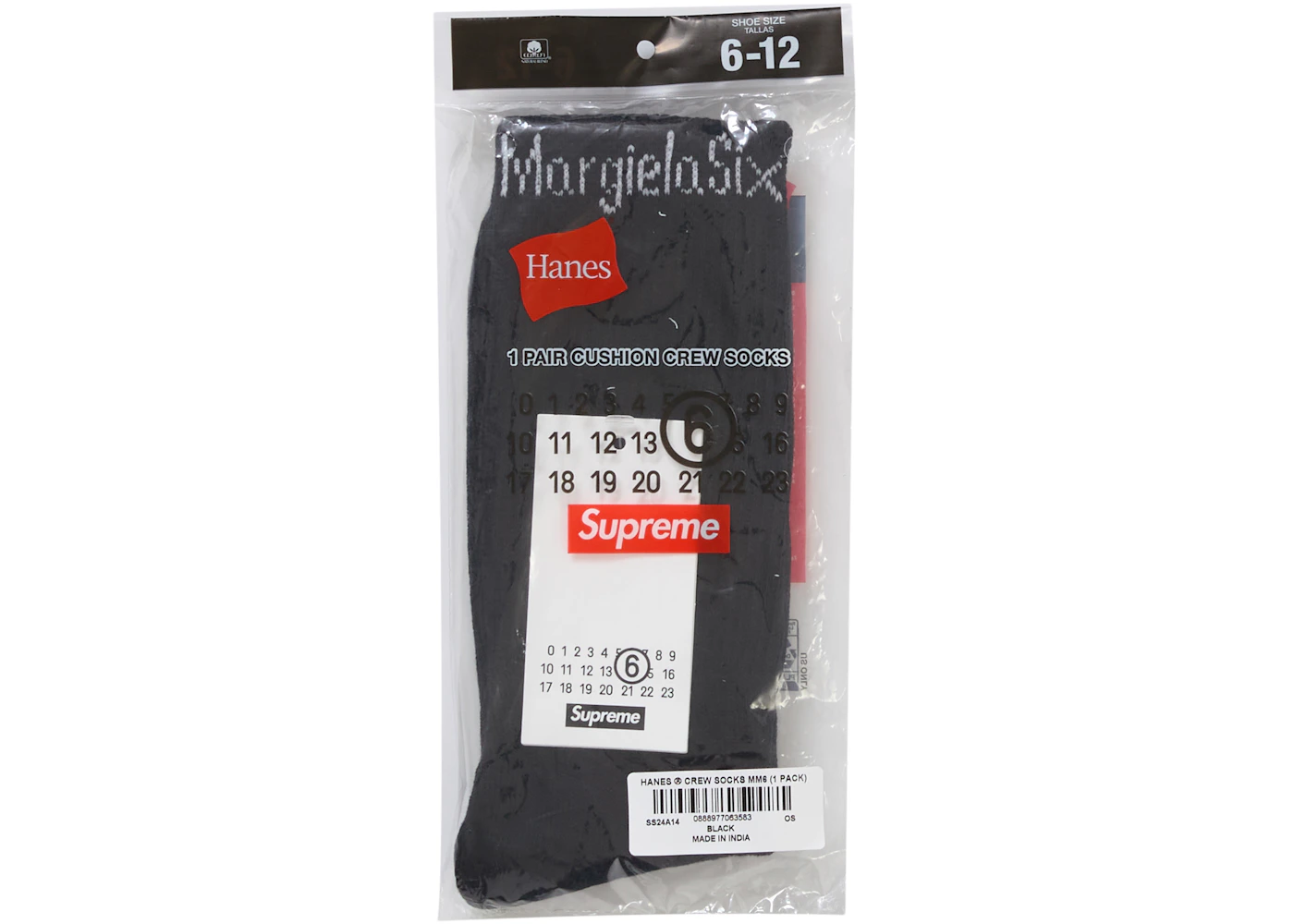 Supreme MM6 Maison Margiela Hanes Crew Socks (1 Pack) Black SS24