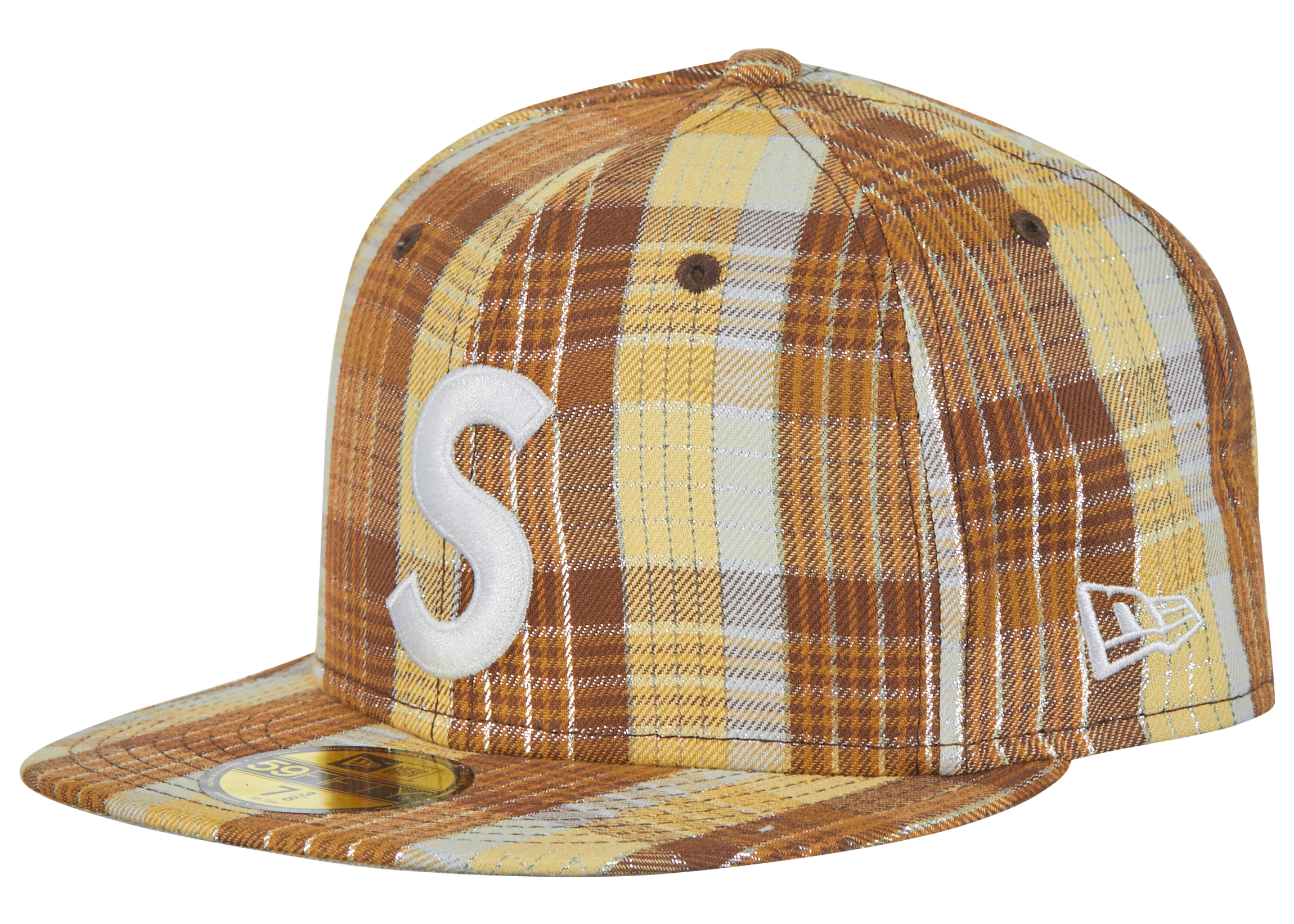 Supreme Metallic Plaid S Logo New Era Hat Brown