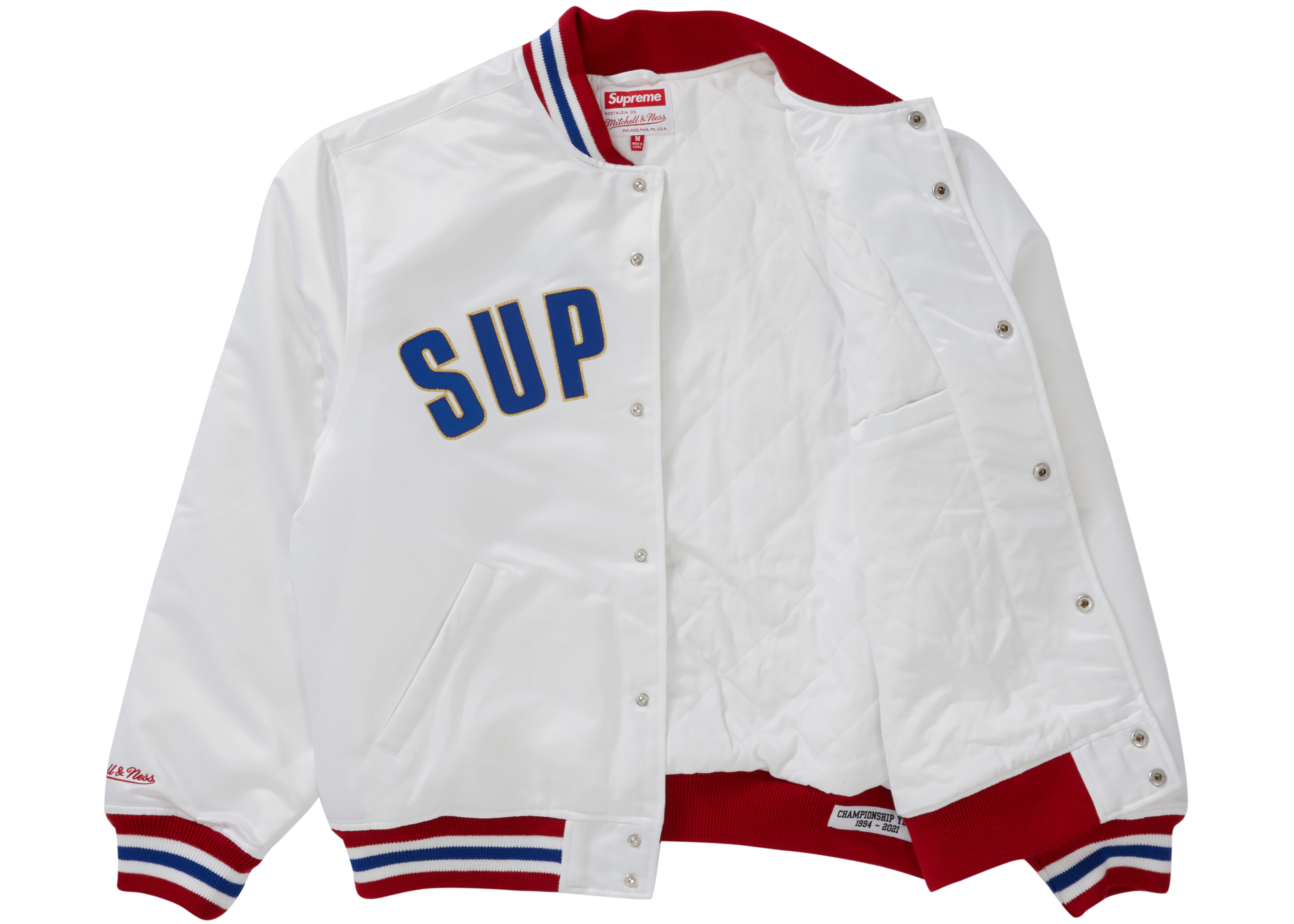 Supreme Mitchell & Ness Satin Varsity Jacket White