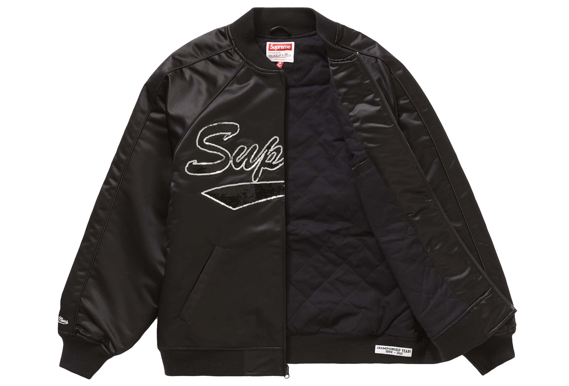 Supreme Mitchell & Ness Sequin Logo Varsity Jacket Black