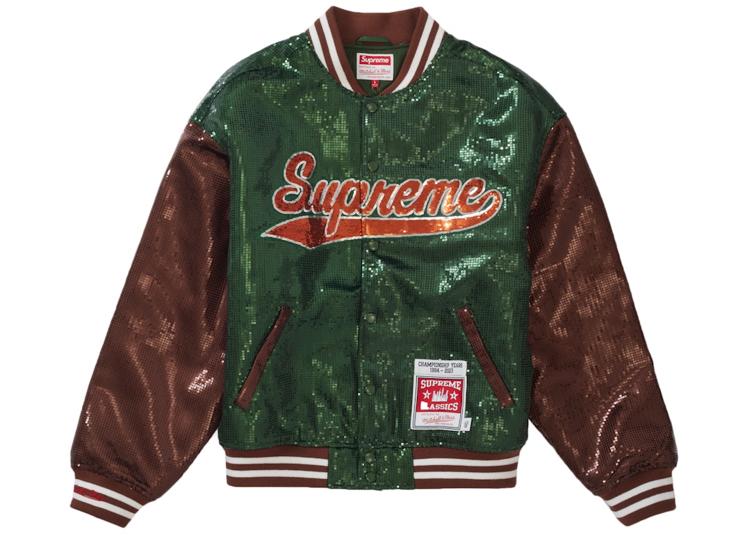 Pre-owned Supreme Mitchell & Ness Sequin Varsity Jacket Green