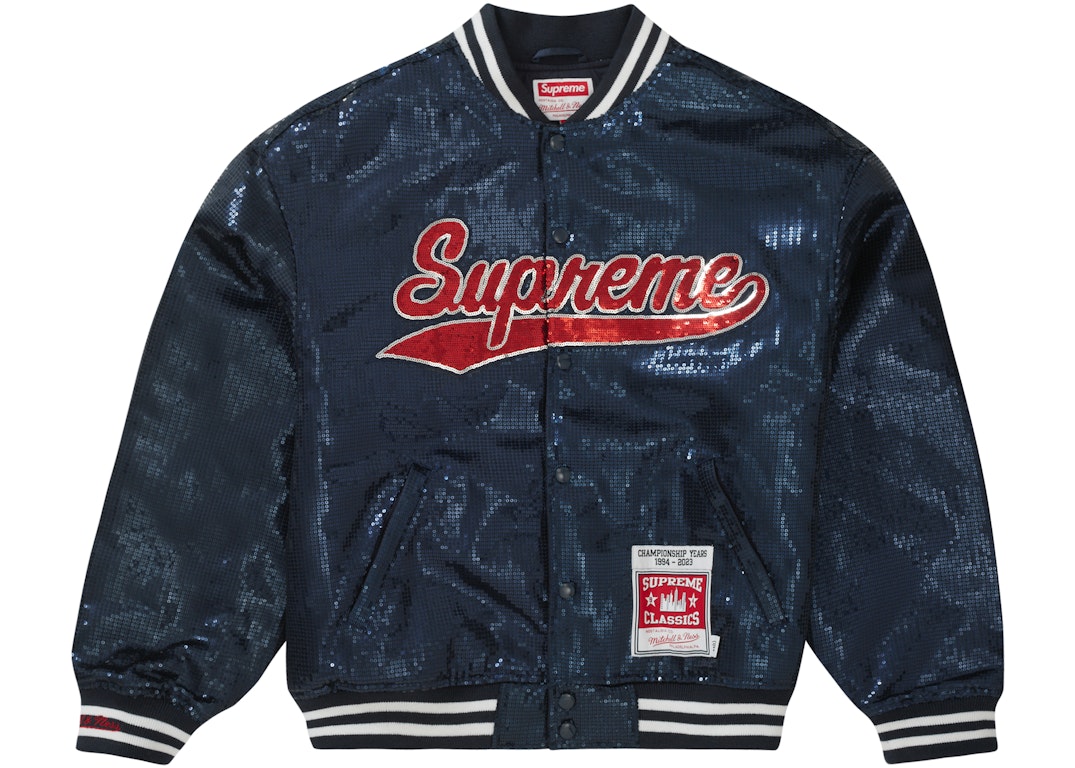 Pre-owned Supreme Mitchell & Ness Sequin Varsity Jacket Navy
