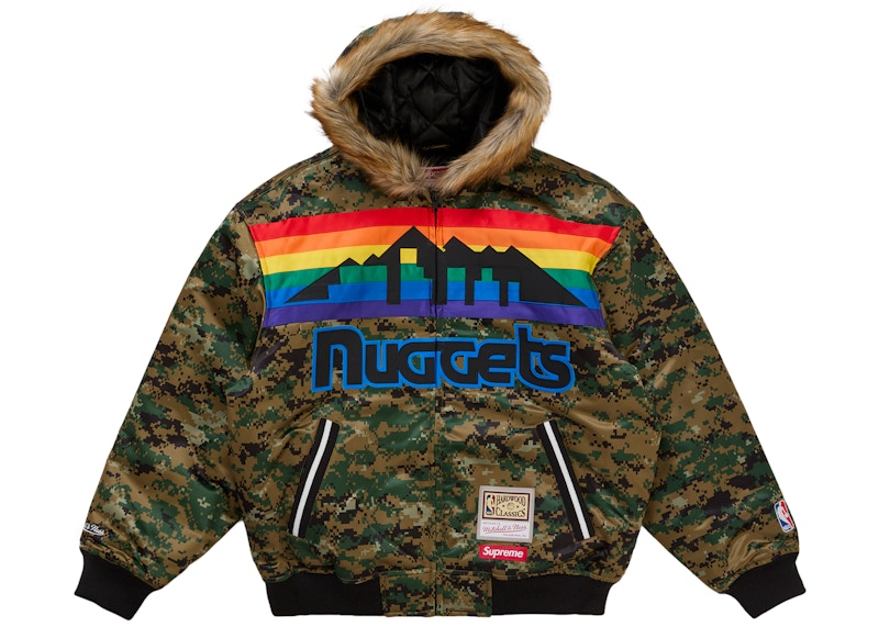 Men's Supreme Mitchell & Ness Teams Hooded Satin Varsity Jacket in Digital Camo