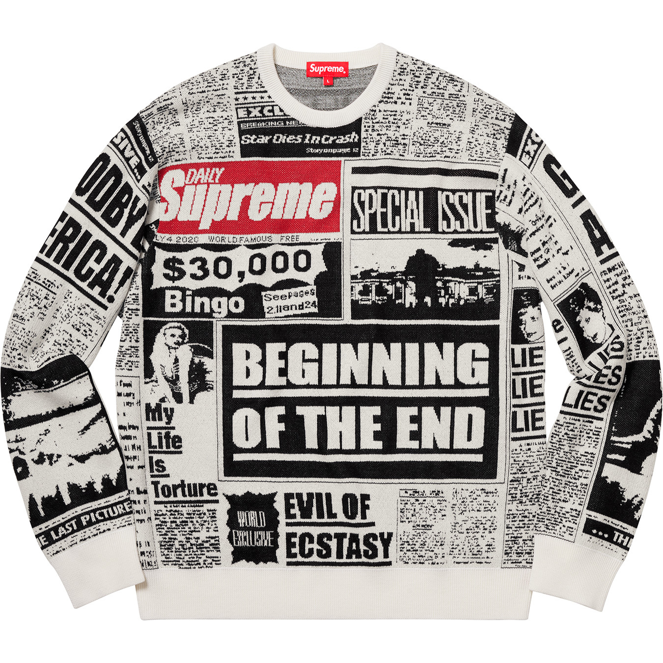 Supreme Newsprint Sweater White Men's - FW18 - US