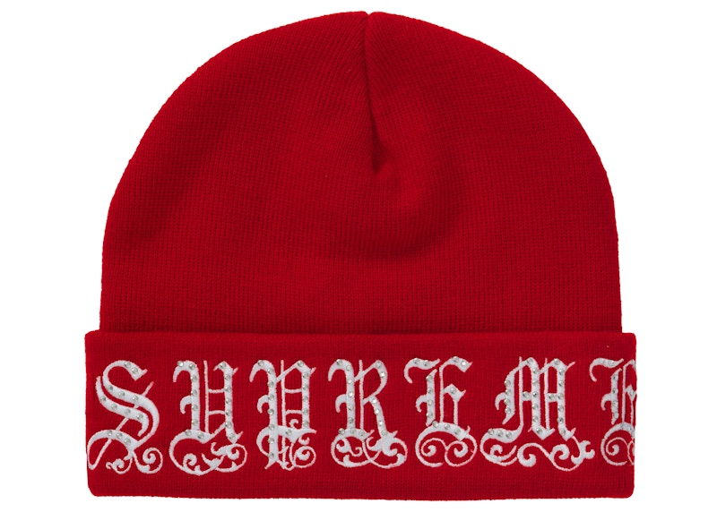 Supreme Old English Rhinestone Beanie Red