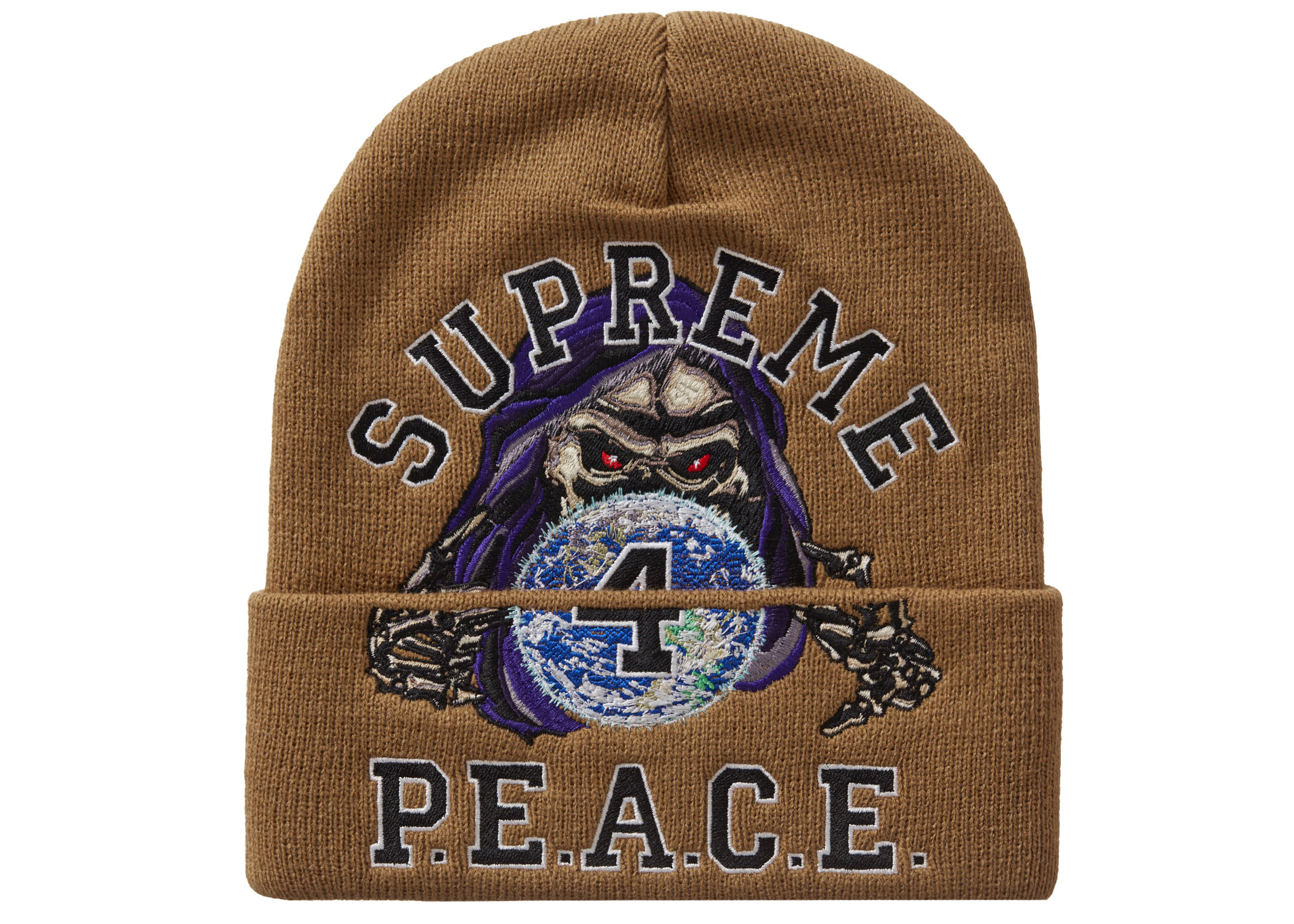 Supreme Peace Embroidered Beanie Tan