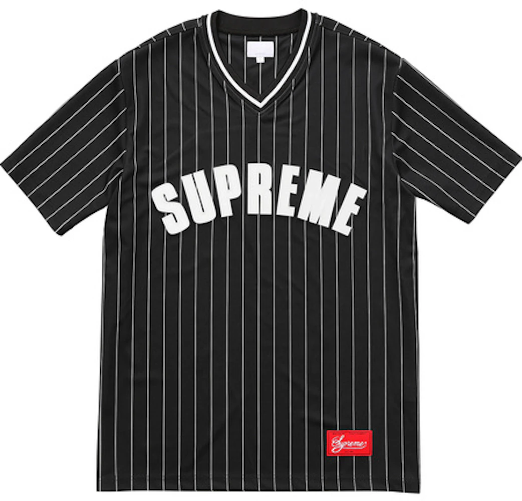 Supreme Vertical Logo Baseball Jersey White/Black Pinstripe M
