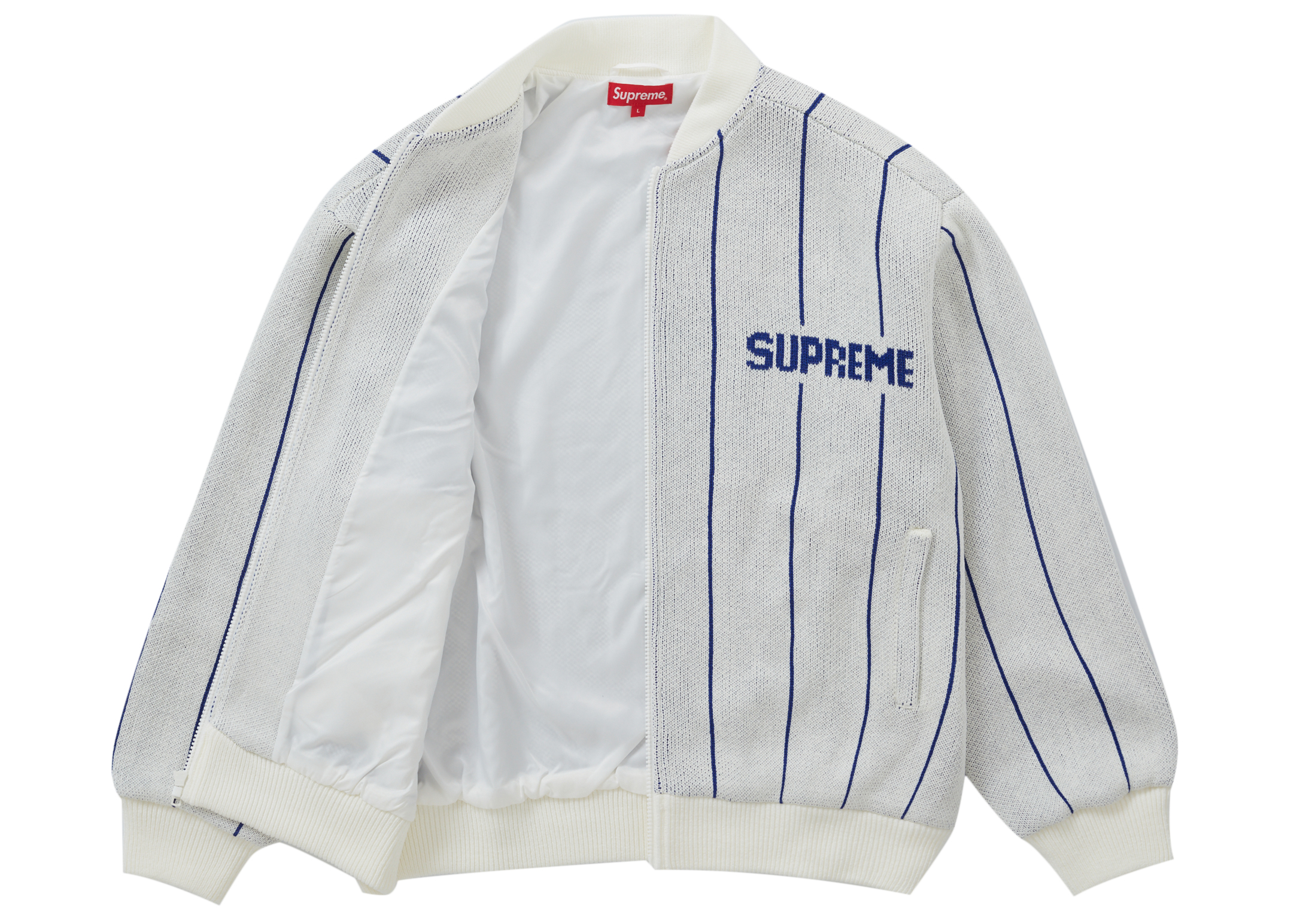 Supreme Pinstripe Varsity Zip Up Sweater White メンズ - SS23 - JP