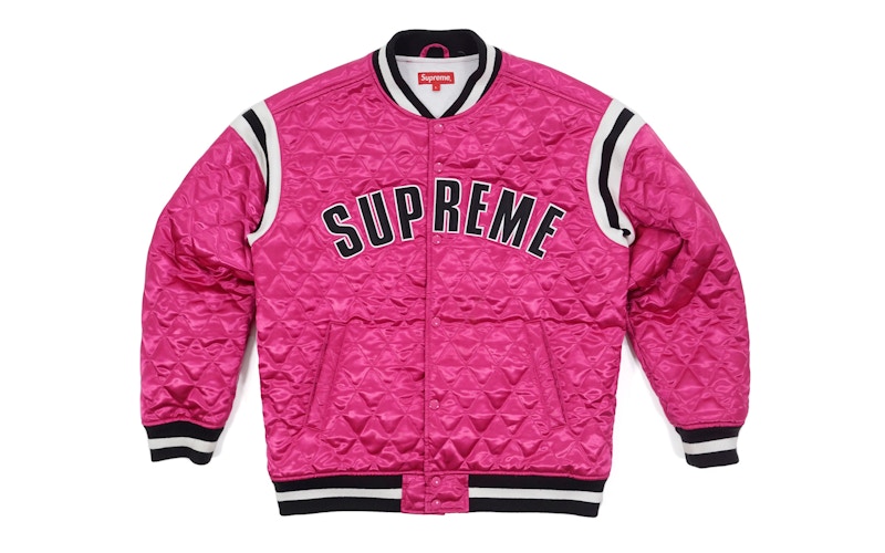 身幅57ｃｍSupreme QUILTED SATIN VARSITY JACKET ピンク