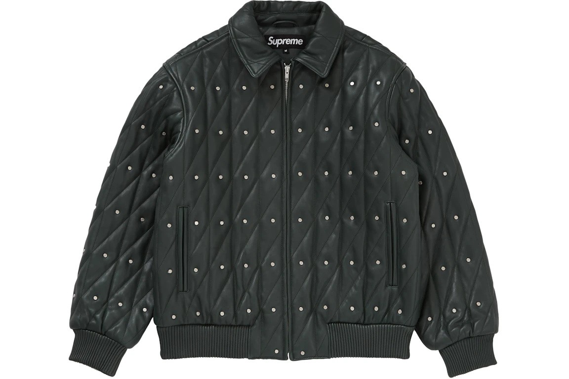 Supreme Quilted Studded Leather Jacket Dark Green