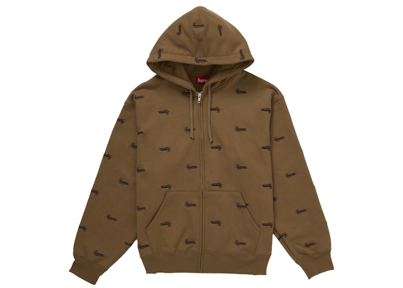 Supreme Repeat Script Zip Up Hooded Sweatshirt Dark Khaki メンズ