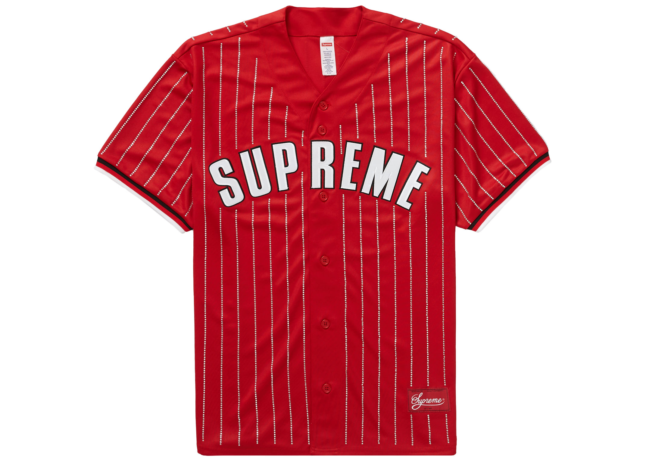 Supreme Rhinestone Stripe Baseball Jersey Red
