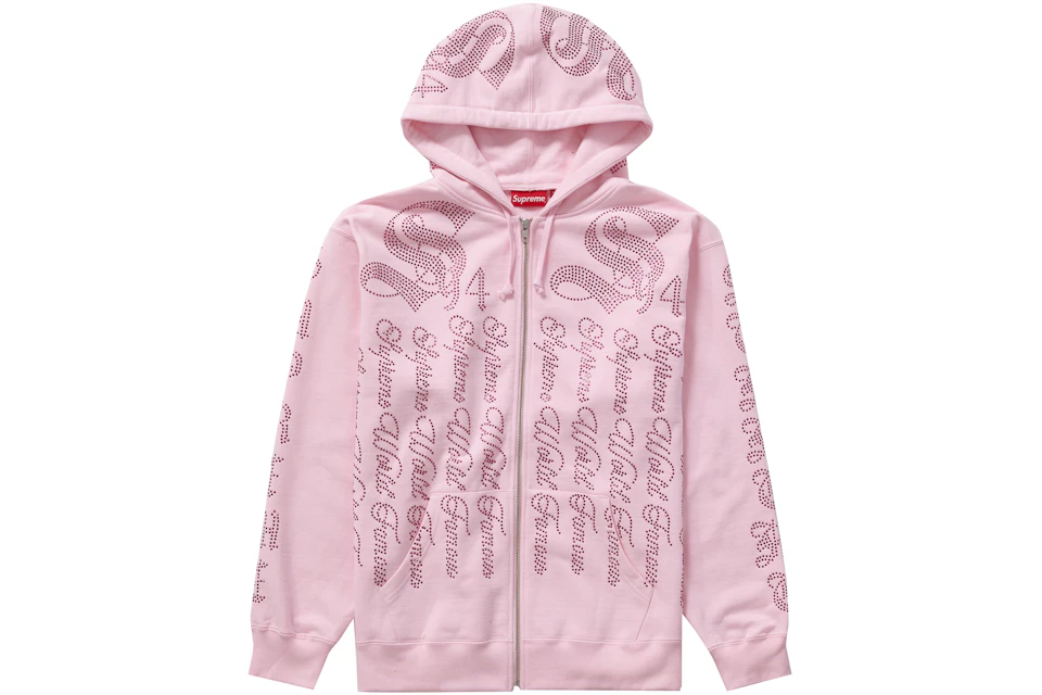 Supreme Rhinestone Zip Up Hooded Sweatshirt Pink