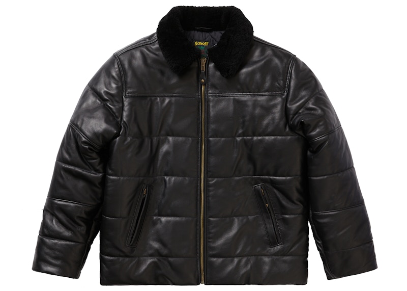 Supreme Schott Shearling Collar Leather Puffy Jacket Black