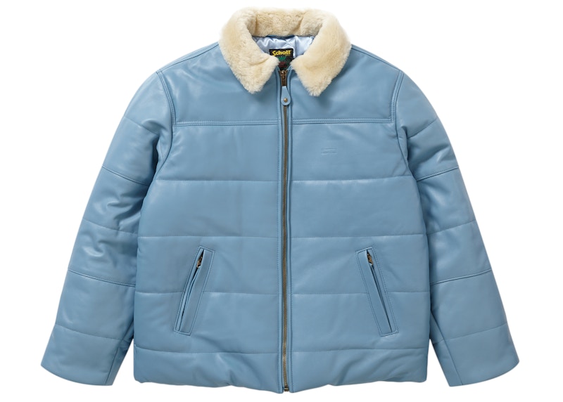 Supreme Schott Shearling Collar Leather Puffy Jacket Light Blue 