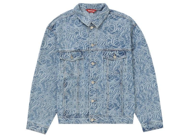 Supreme Script Jacquard Denim Trucker Jacket Washed Blue Men's