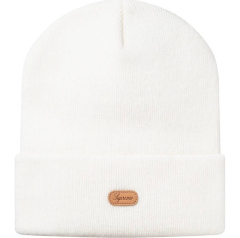 Supreme Script Leather Patch Beanie White - FW14 - US