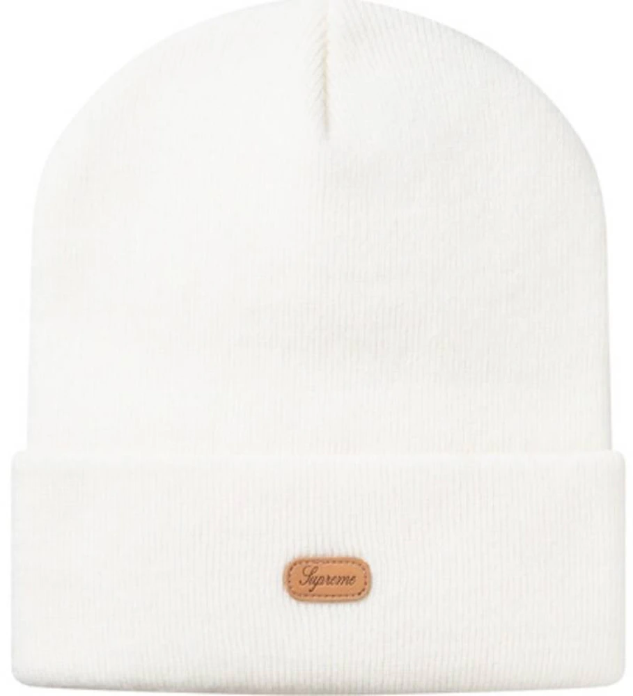 Supreme Script Leather Patch Beanie White - FW14 - US