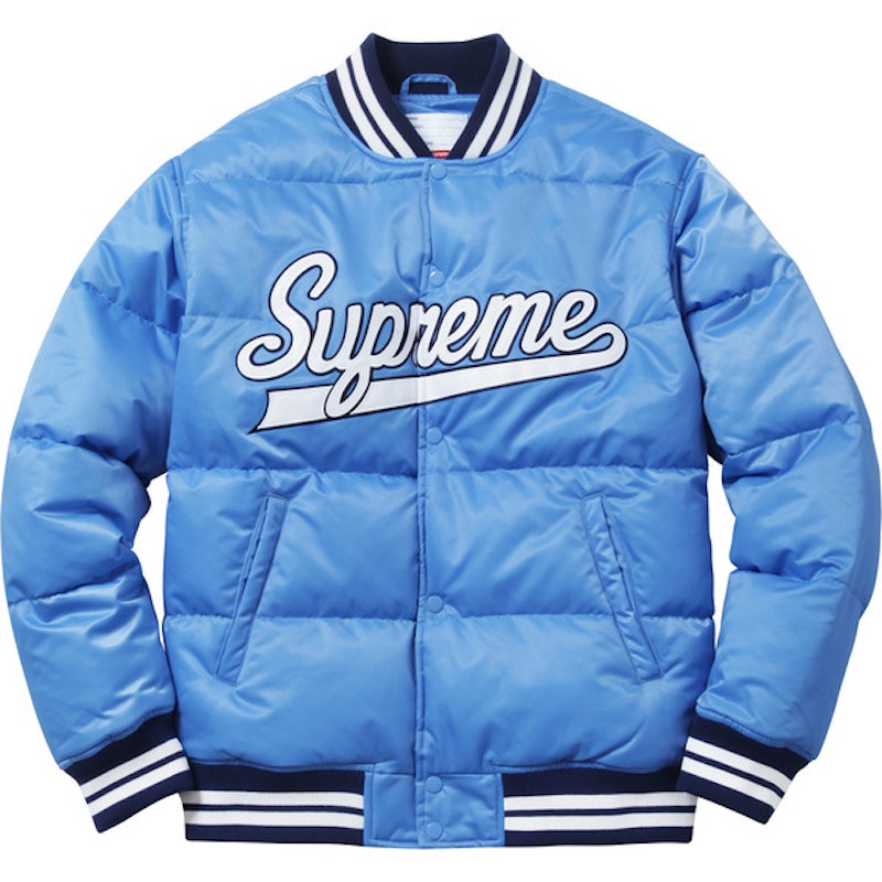 Supreme Script Varsity Puffy Jacket Light Blue Men's - FW16 - US