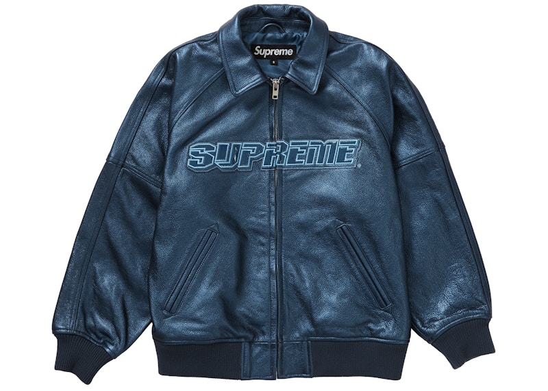 Supreme Silver Surfer Leather Varsity Jacket Blue