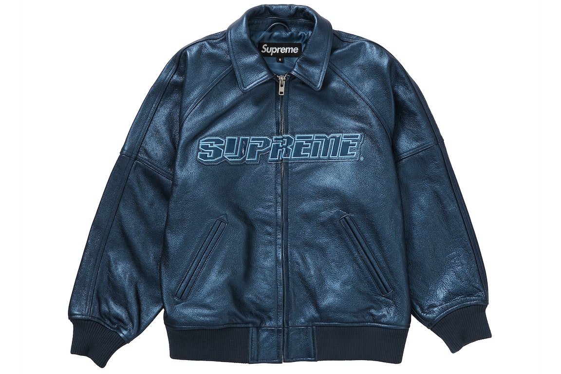 Pre-owned Supreme Silver Surfer Leather Varsity Jacket Blue