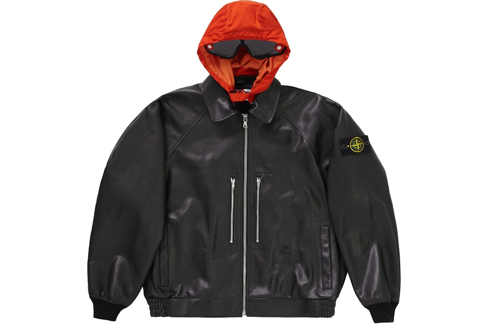 Stone island black leather jacket Clearance