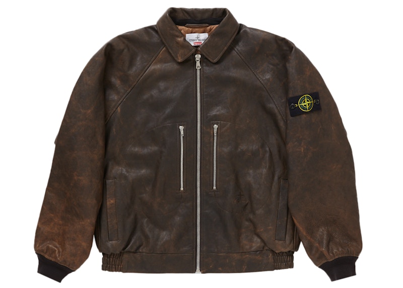 Supreme Stone Island Leather Bomber Jacket Brown Men's - FW23 - GB