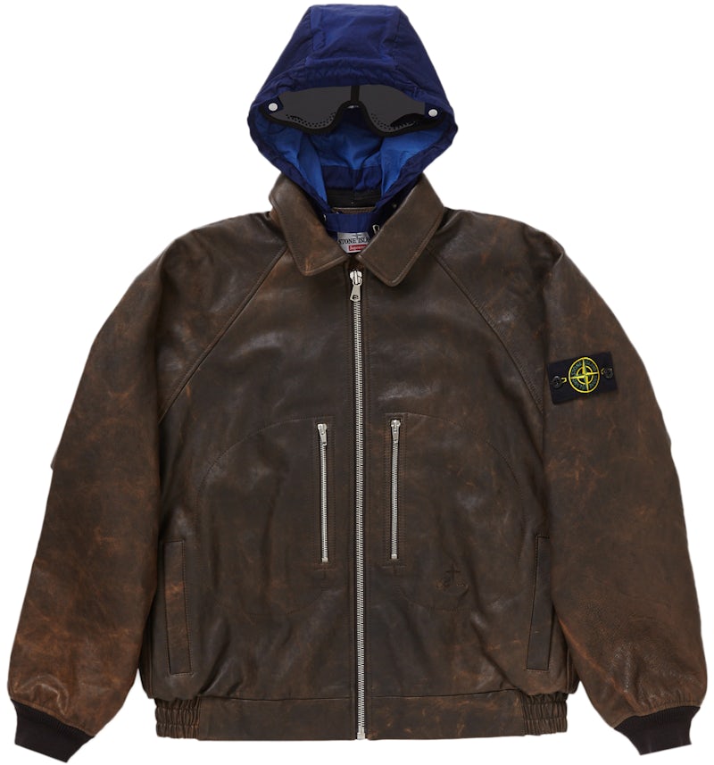 Supreme Stone Island Leather Bomber Jacket Brown Men's FW23 US