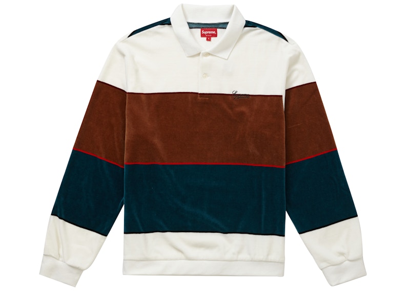 supreme Stripe Velour L/S Polo White / L-