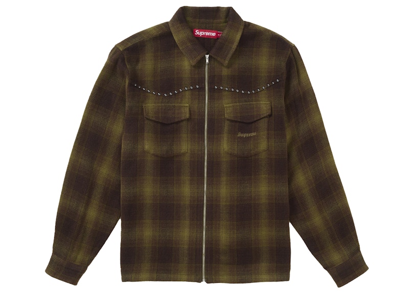 Supreme Studded Shadow Plaid Zip Up Shirt Green Men's - FW25