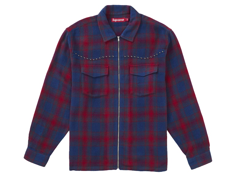 Supreme Studded Shadow Plaid Zip Up Shirt Red Men's - FW25 - GB