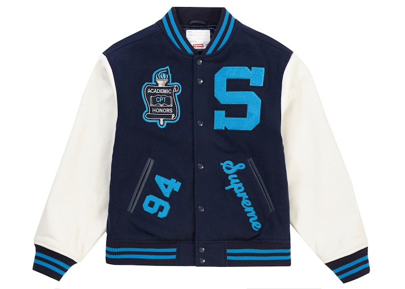 supreme team varsity jacket navy人気商品のため偽物も多いです