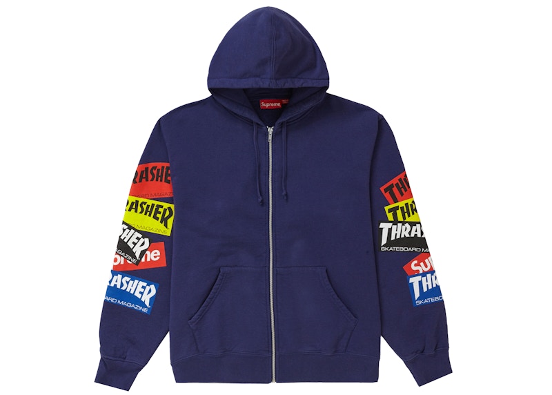 Supreme Thrasher Multi Logo Zip Up Hooded Sweatshirt Washed Navy