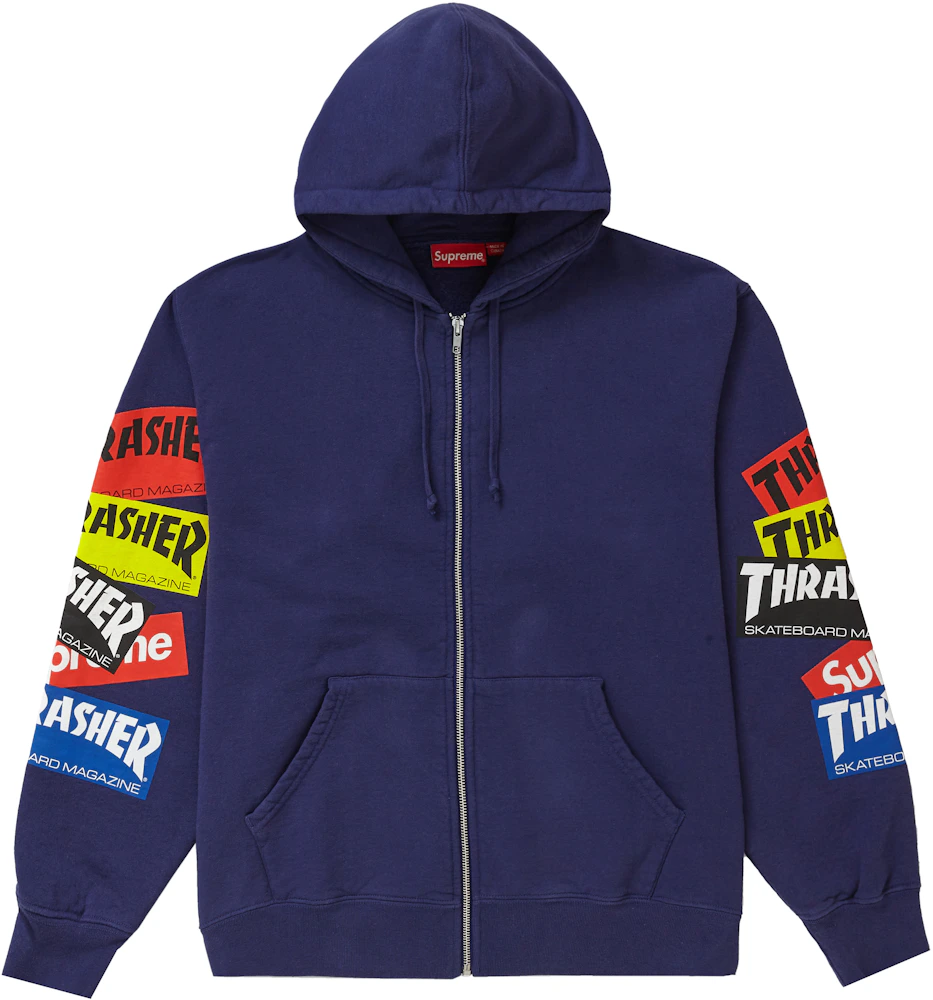 Supreme Thrasher Multi Logo Zip Up Hooded Sweatshirt Washed Navy Men's ...