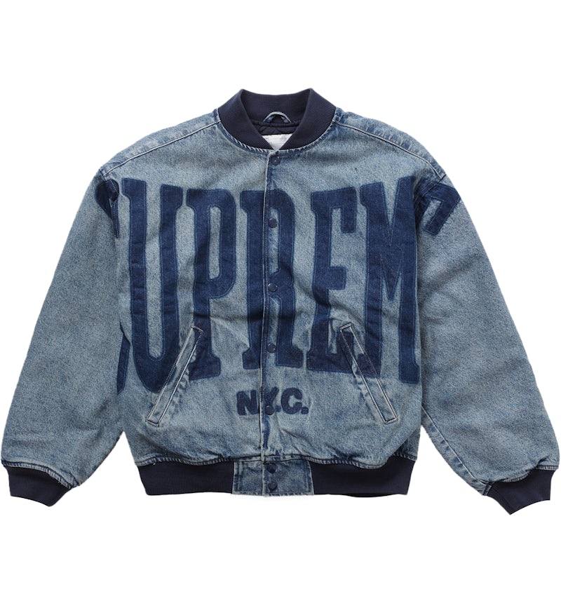 Supreme Washed Knockout Denim Varsity Jacket Washed Blue Men's