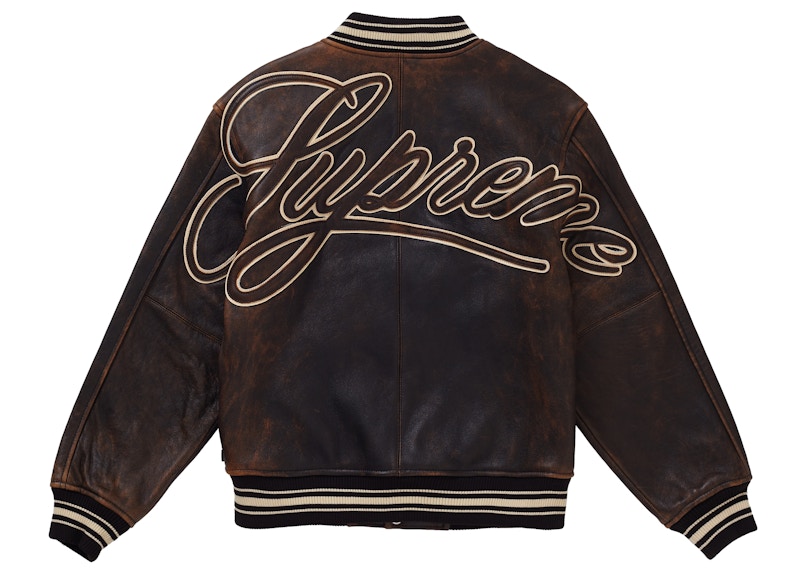 Supreme Worn Leather Varsity Jacket Black Men's - SS19 - GB