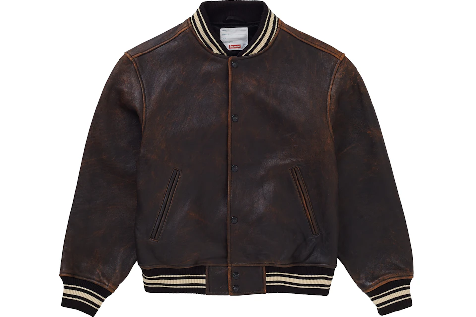 Supreme Worn Leather Varsity Jacket Black