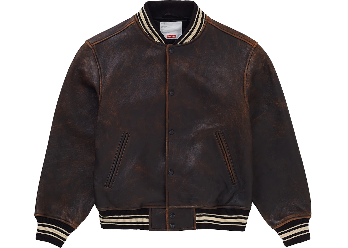 Supreme worn leather varsity Clearance