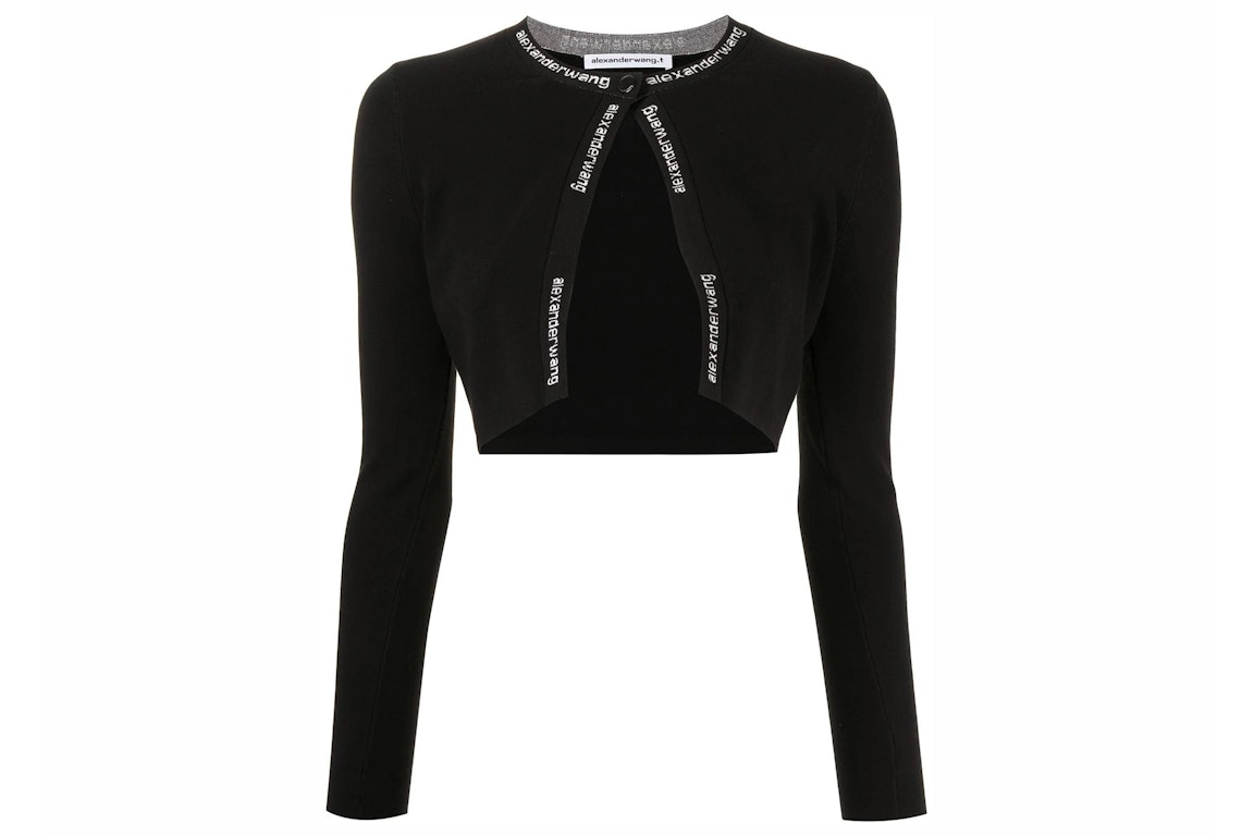 Pre-owned Alexander Wang T T By Alexander Wang Cropped Bodycon Logo Jacquard Trims Cardigan Black
