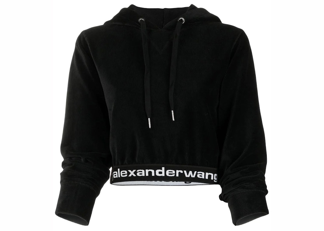 Pre-owned Alexander Wang T T By Alexander Wang Elastic Logo Stretch Corduroy Cropped Ls Hoodie Black