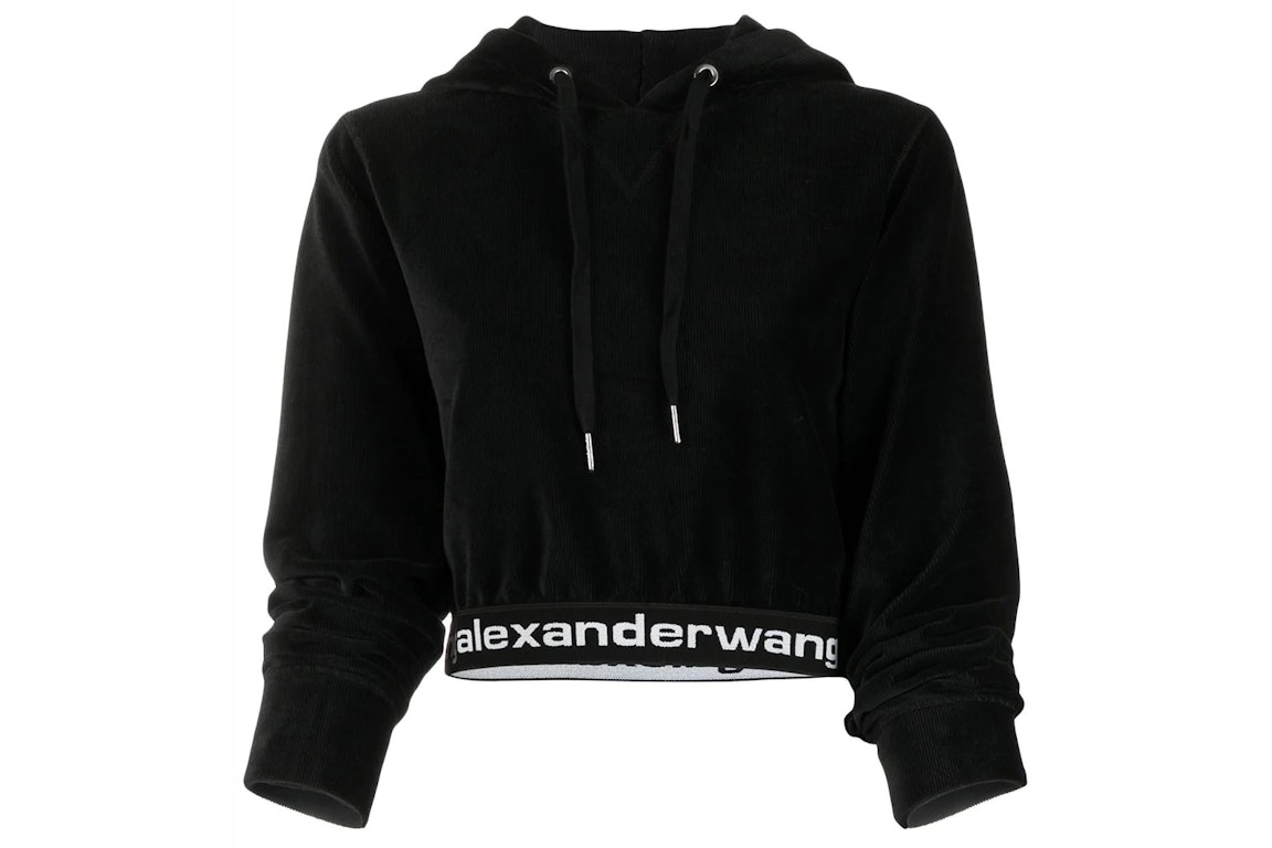 Pre-owned Alexander Wang T T By Alexander Wang Elastic Logo Stretch Corduroy Cropped Ls Hoodie Black