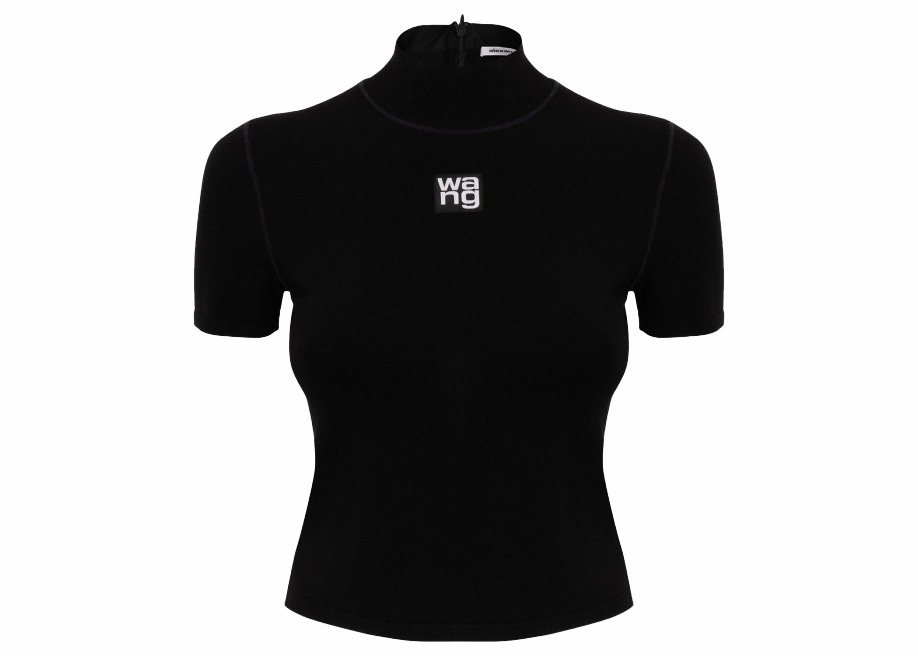 T by Alexander Wang Foundation Bodycon SS Logo Patch Mock Neck Top Black