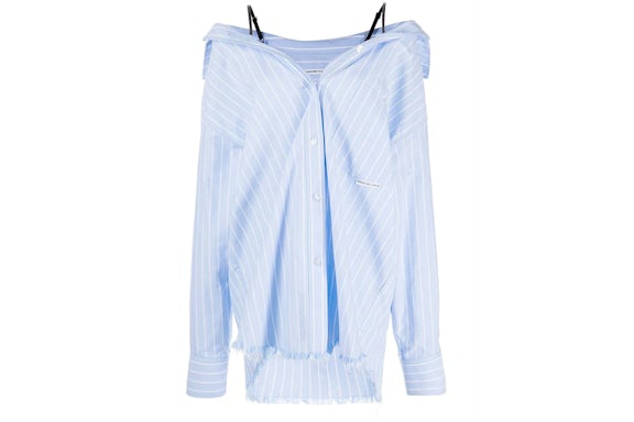 T by Alexander Wang Off Shoulder Boyfriend Charm Bra Strap Shirt Oxford Blue/White