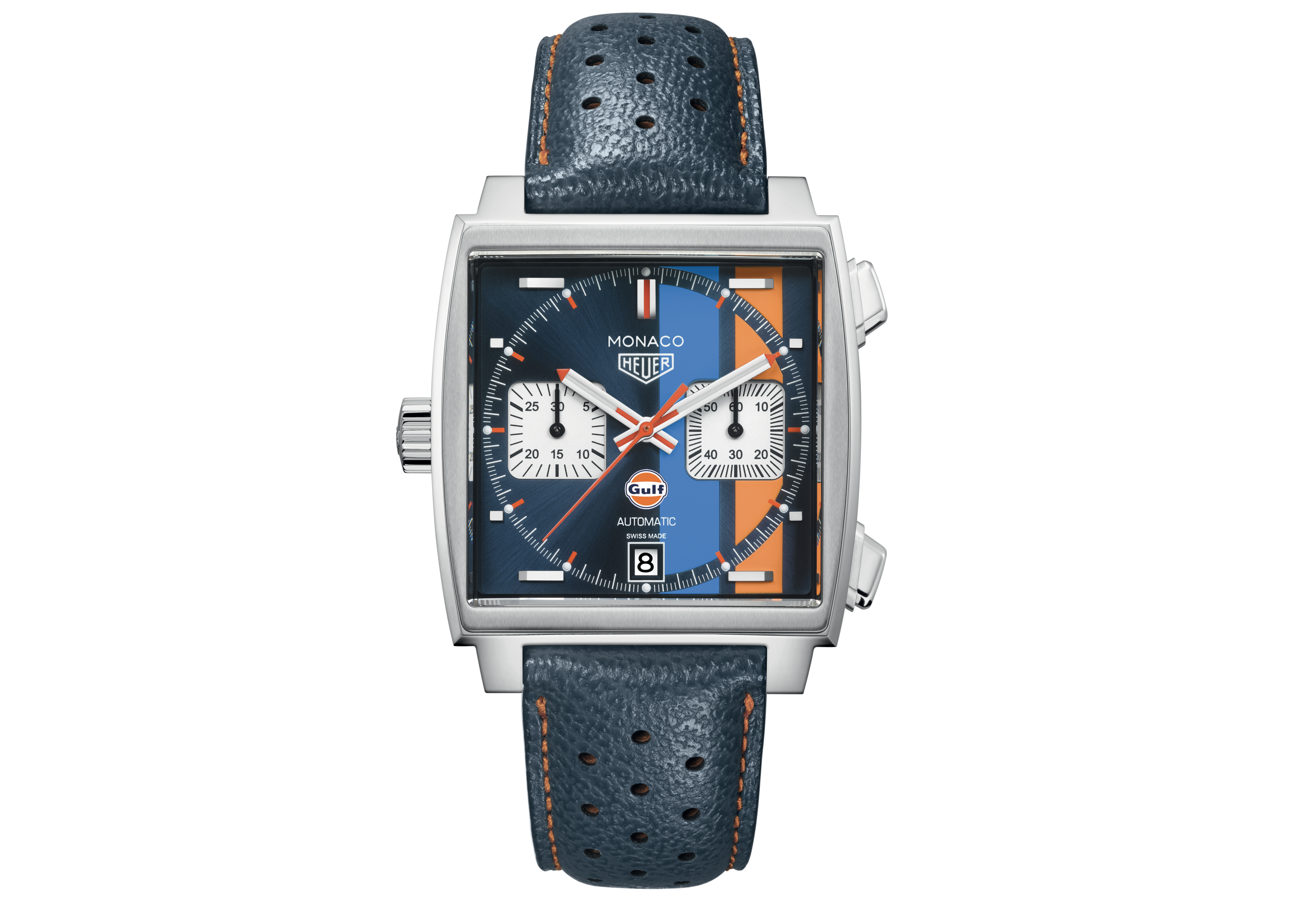 Square Gulf Miyota Quartz Chronograph Mens Watch Steel Case Blue Orange  Dial White Subdial Stick Markers Leather Strap Stopwatch Watches Puretime01  Z35a1 From Puretime01, $19.07 | DHgate.Com