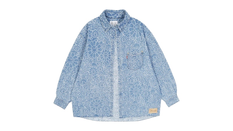 Pre-owned Takashi Murakami Men's  Flowers And Skulls Jacquard Denim Haori Shirt In Light Blue