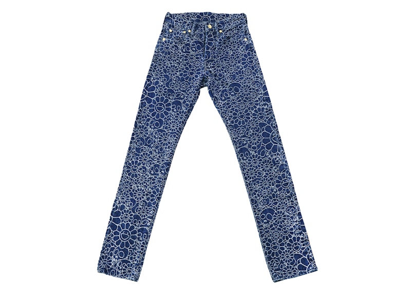 Takashi Murakami Flowers and Skulls Jacquard Denim Pants Dark